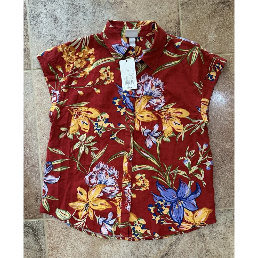 A New Day Women's Red Tropical Button-Up Linen Shirt Size Small NWT
